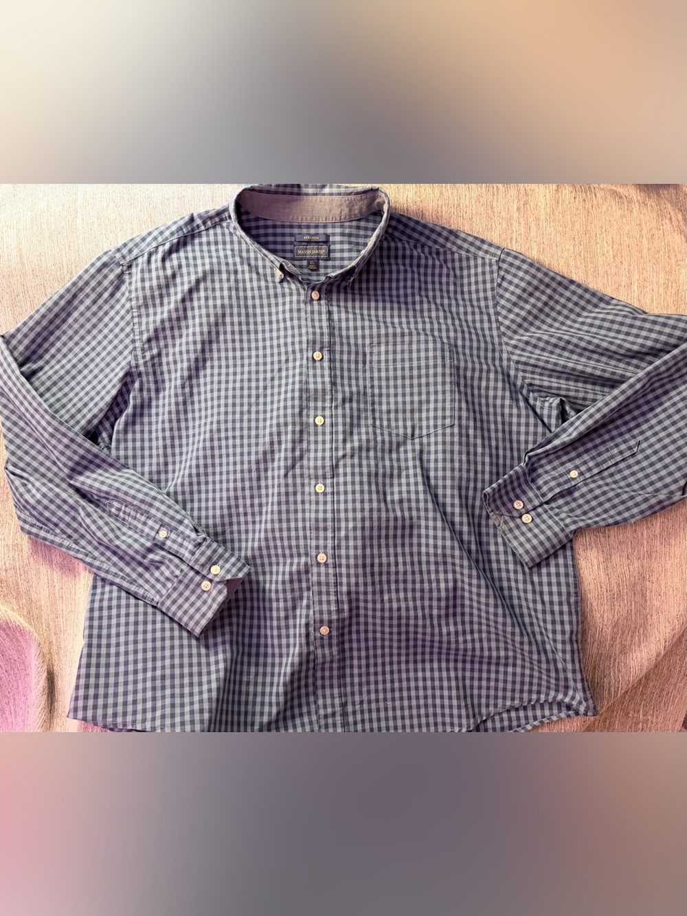 Mason James XL button down blue and black check with stretch. New/excellent cndt